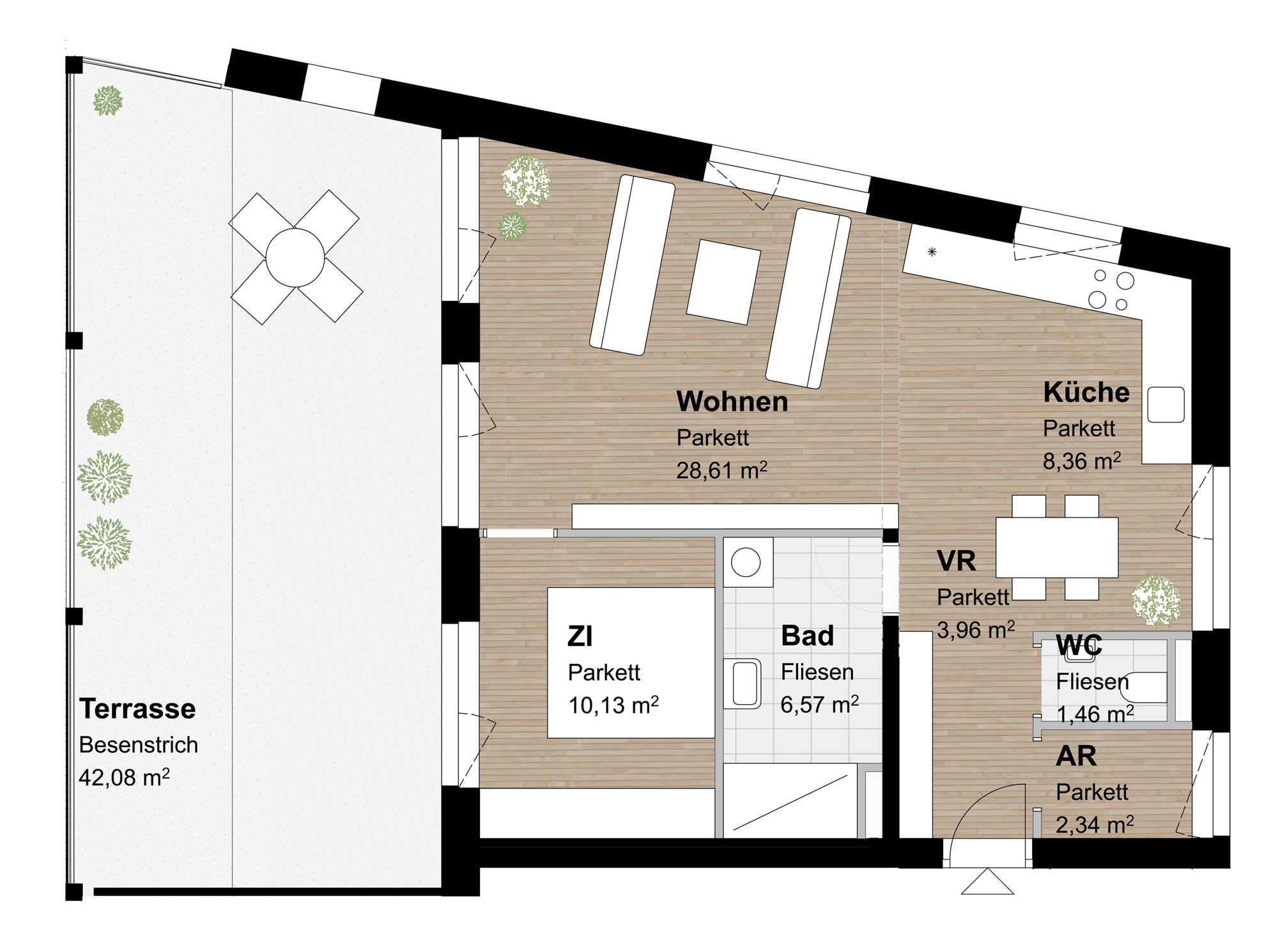 Sehr helle 2-Zimmer-Wohnung mit überdachter Terrasse Sehr helle 2-Zimmer-Wohnung mit überdachter Terrasse