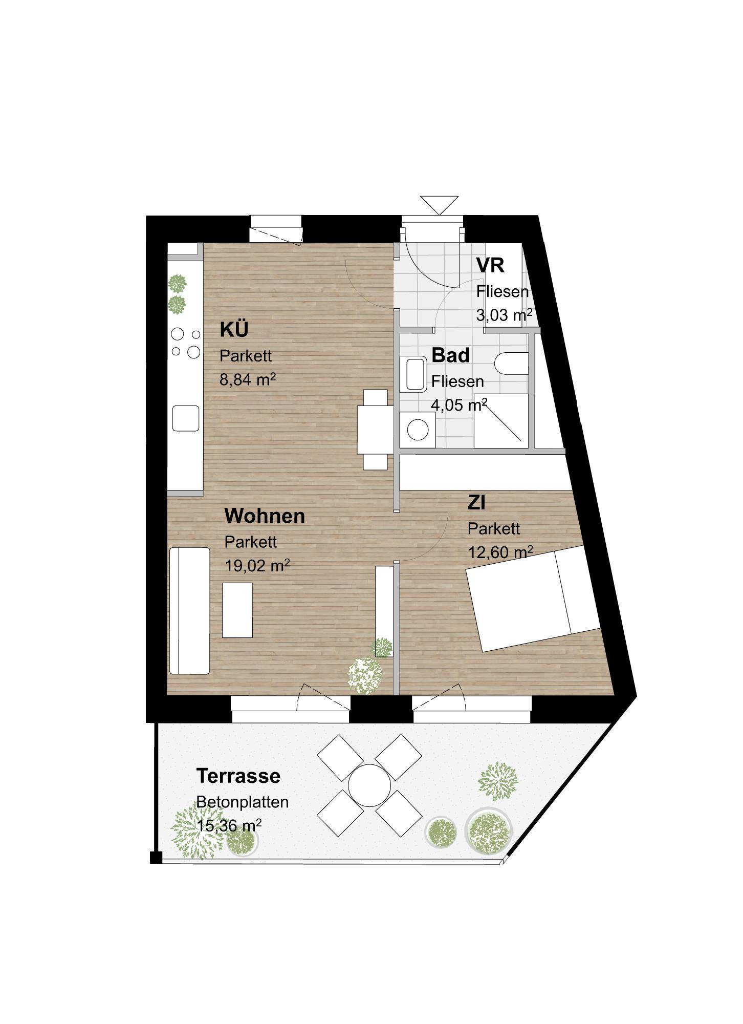 Stilvolle 2-Zimmer-Wohnung mit 15 m² großer Terrasse Stilvolle 2-Zimmer-Wohnung mit 15 m² großer Terrasse